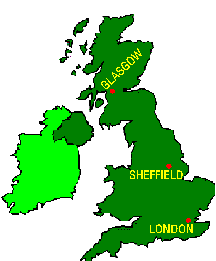 MAP OF UK SHOWING LOCATION OF SHEFFIELD.